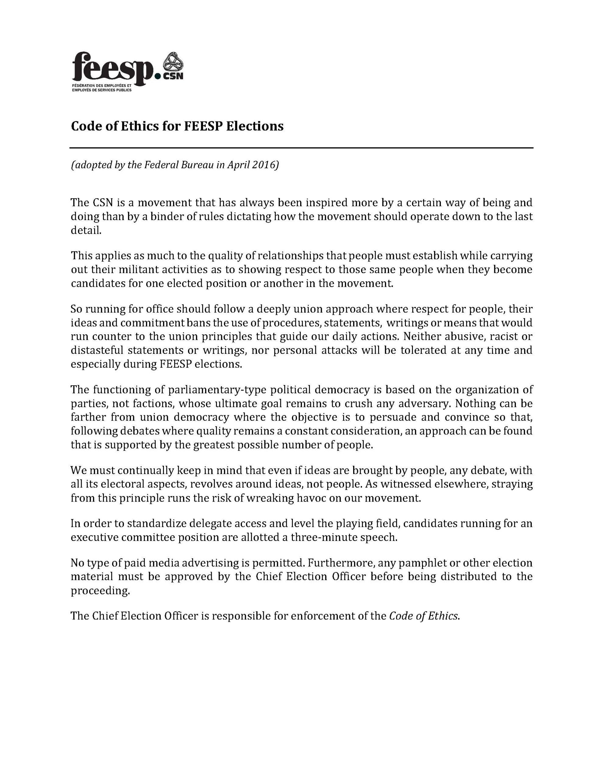 Code of Ethics for FEESP Elections