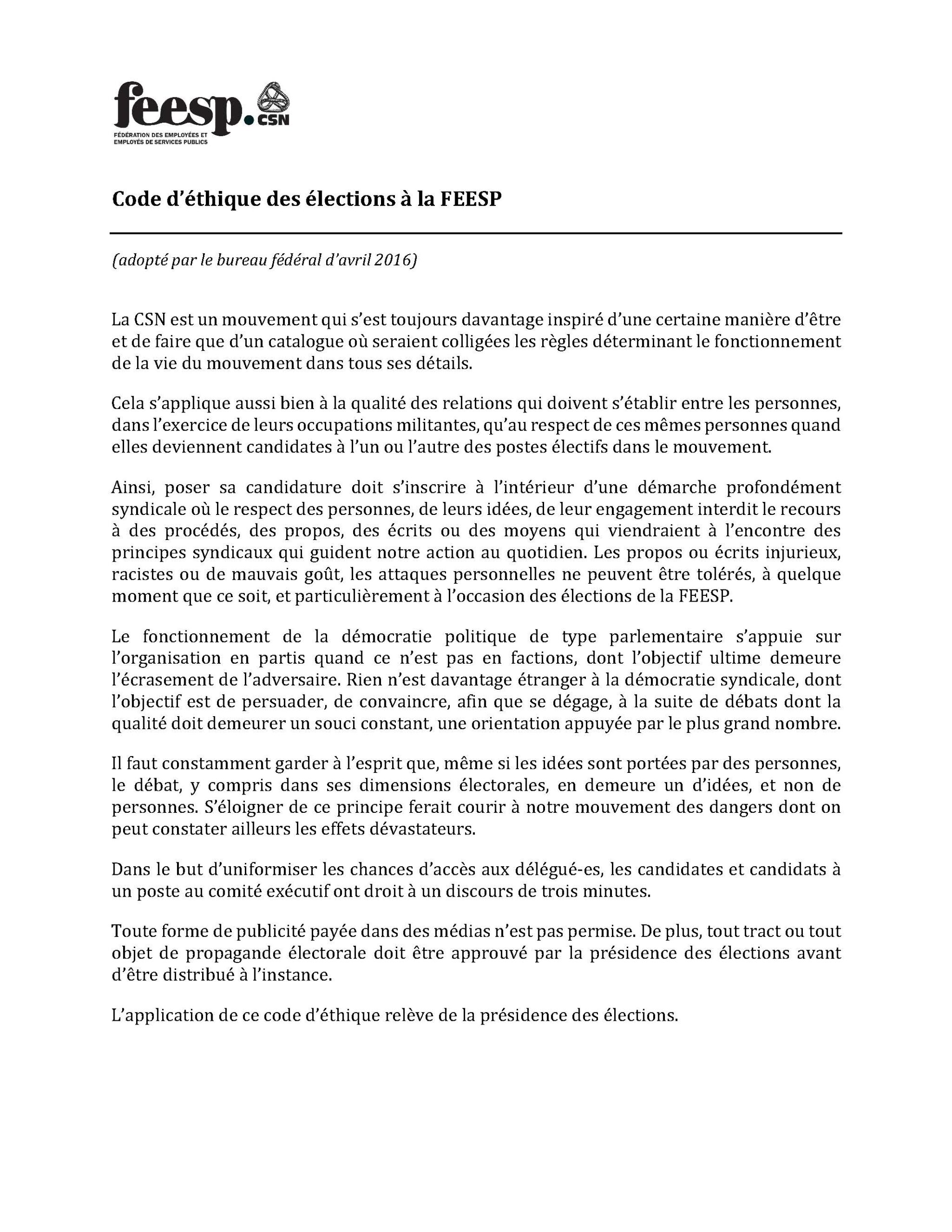 Code d’éthique pour les élections FEESP-CSN
