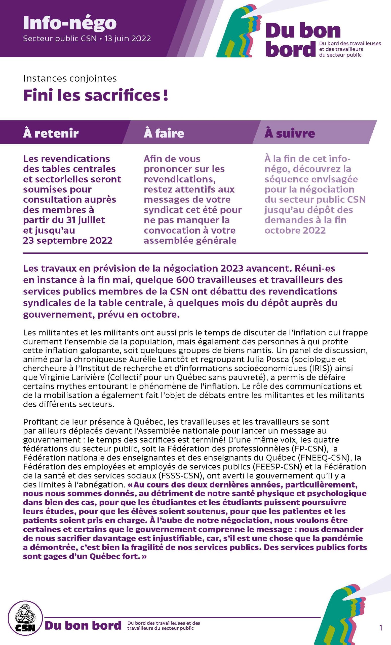 Info-négo Secteur public CSN juin 2022 français
